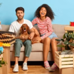 young-diverse-family-couple-play-with-dog-sit-sofa-empty-room-many-personal-things-around-cardboard-packages-rent-new-modern-apartment-isolated-blue-wall_273609-32314